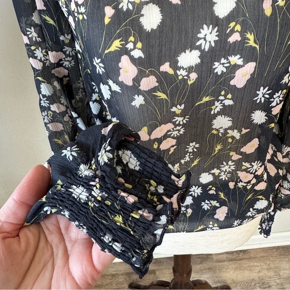 Zara Basics Sheer Floral Ruffle Neck Blouse - Smock Waist and Cuffs - Picture 5 of 9